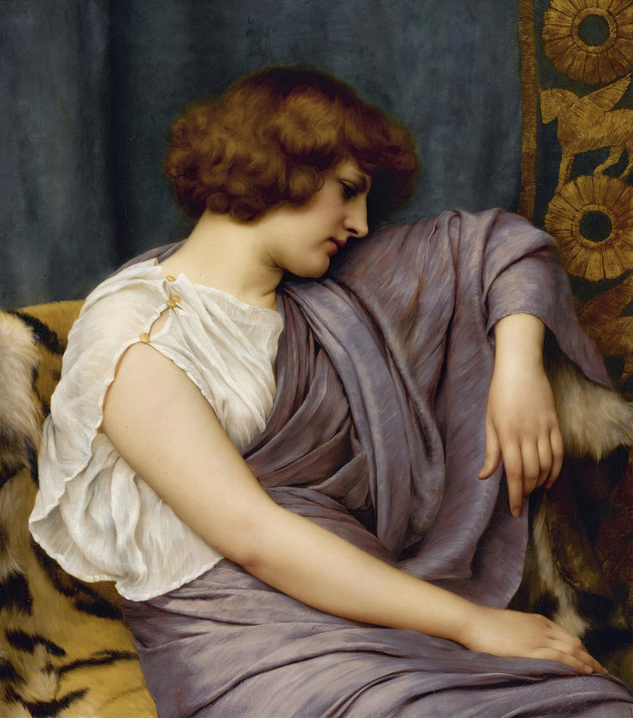 John William Godward — Briseis | Art Print shown to scale on a wall above a sofa