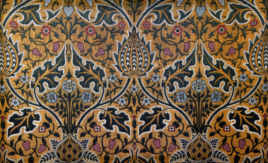William Morris — Brocatel | Botanical Art Print shown to scale on a wall above a sofa