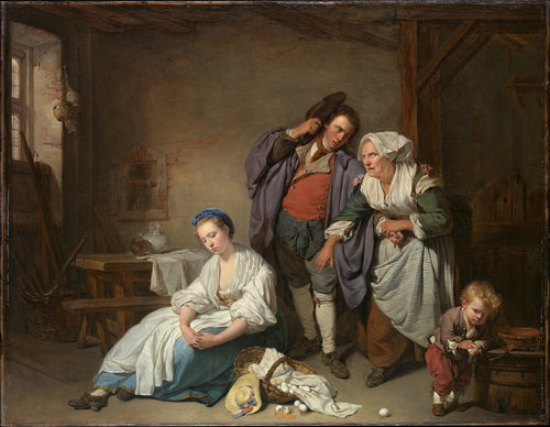 Broken Eggs by Jean-Baptiste Greuze — A bowed young woman sits among spilled eggs as an old woman points