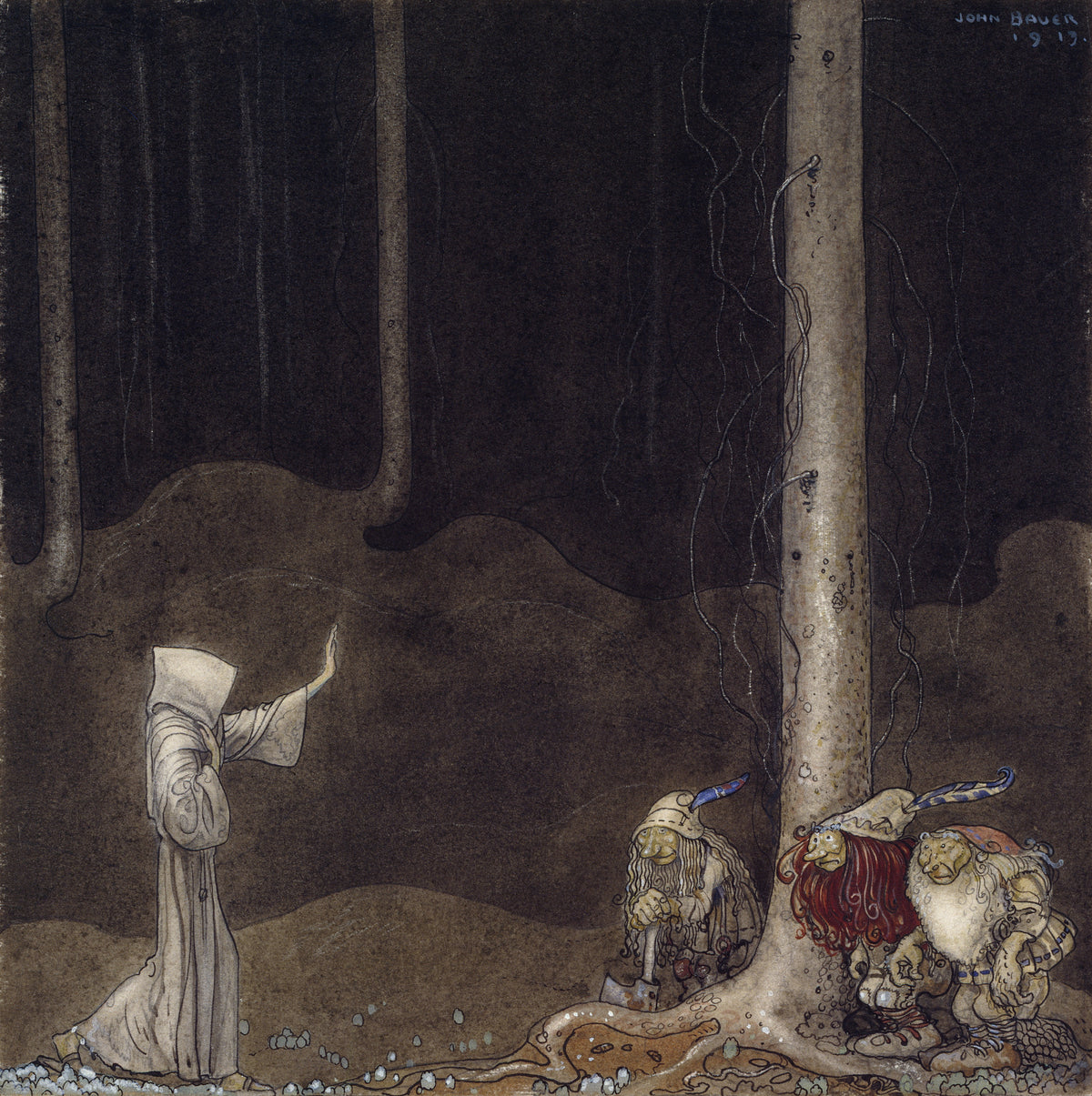 Brother St. Martin and the Three Trolls by John Bauer — A hooded figure faces three crouching trolls in a dark forest
