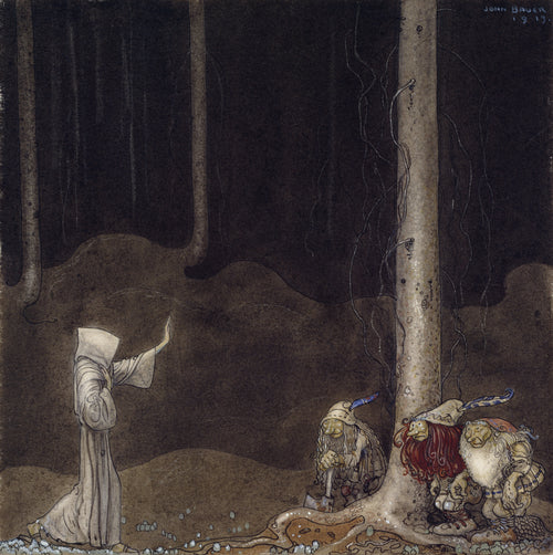 Brother St. Martin and the Three Trolls by John Bauer — A hooded figure faces three crouching trolls in a dark forest