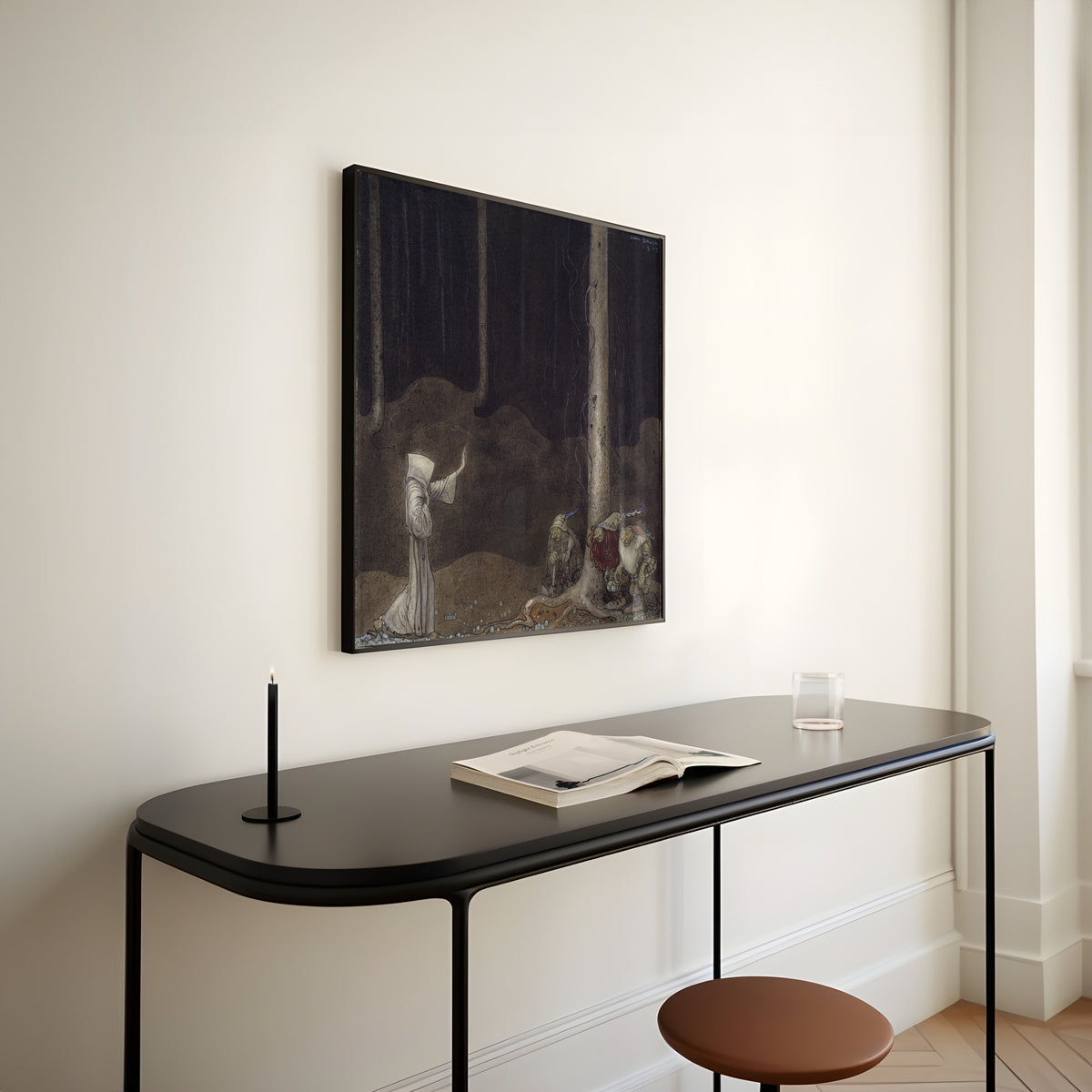 Framed art print of Brother St. Martin and the Three Trolls by John Bauer, above a slim black console table