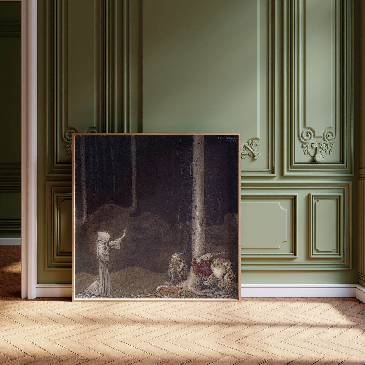 Framed art print of Brother St. Martin and the Three Trolls by John Bauer, leaning against olive-green panelling on a herringbone floor