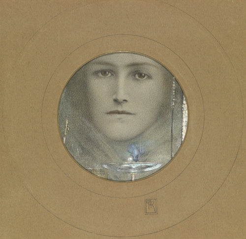 Brown Eyes and a Blue Flower by Fernand Khnopff — A veiled face with brown eyes above a blue flower in a glass dish