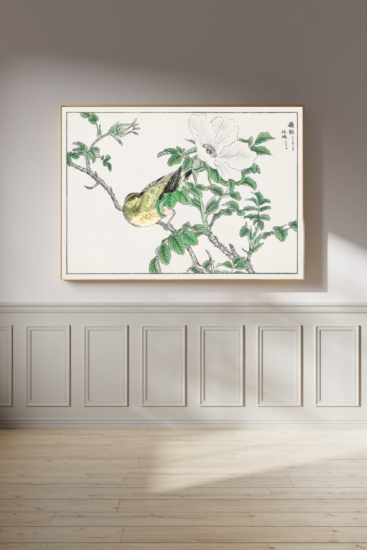 Numata Kashū — Brown-eared Bulbul and Rosa Rugosa | Japanese Bird & Flower Woodblock Print