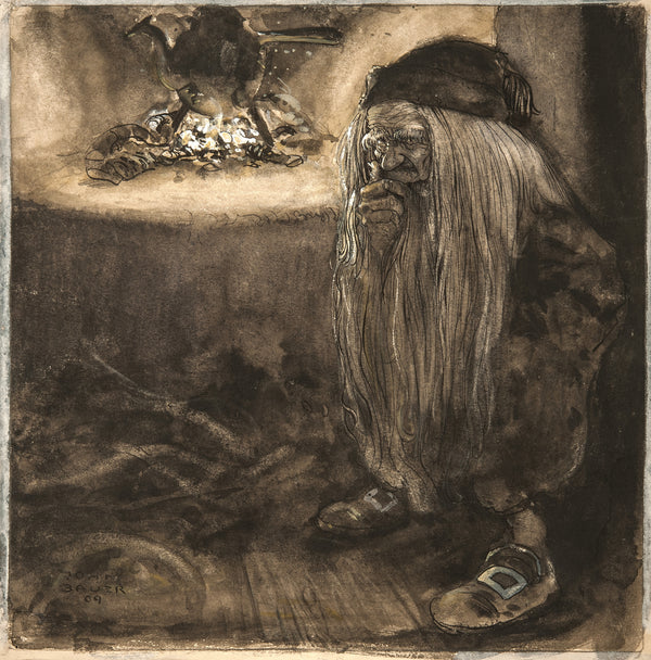John Bauer — Brownie by a Fireplace | Fairy Tale Illustration Print