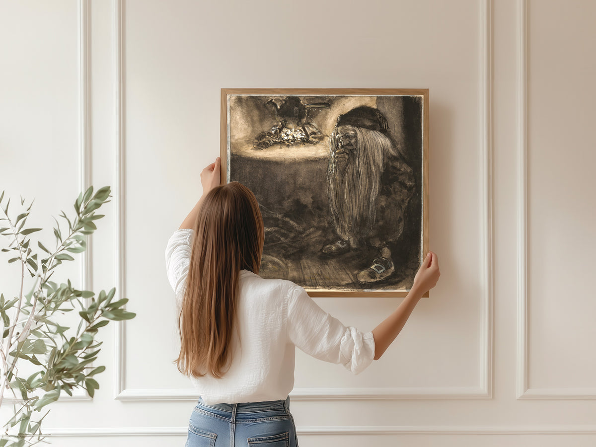 John Bauer — Brownie by a Fireplace | Fairy Tale Illustration Print