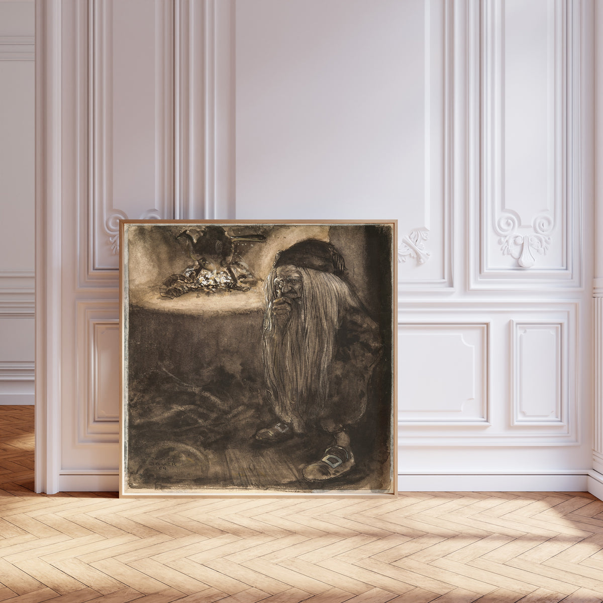 John Bauer — Brownie by a Fireplace | Fairy Tale Illustration Print