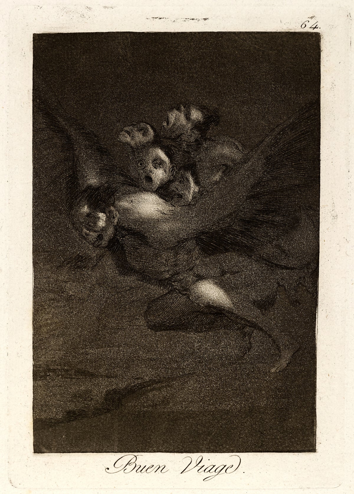 Buen Viage (Bon Voyage), Los Caprichos, Plate 64 by Francisco de Goya — A bat-winged figure carries a knot of shrieking figures by night