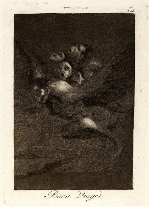 Buen Viage (Bon Voyage), Los Caprichos, Plate 64 by Francisco de Goya — A bat-winged figure carries a knot of shrieking figures by night