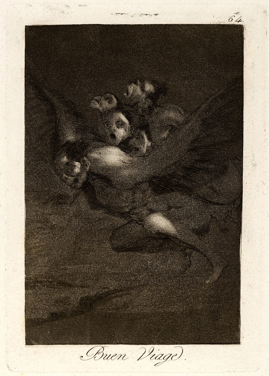 Francisco de Goya — Buen Viage (Bon Voyage), Los Caprichos, Plate 64 | Etching Print shown to scale on a wall above a sofa