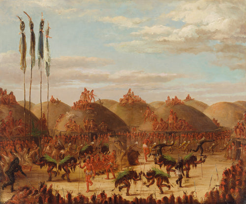 Bull Dance, Mandan O-kee-pa Ceremony by George Catlin — Buffalo-hide dancers circle a crowded Mandan plaza under a blue sky