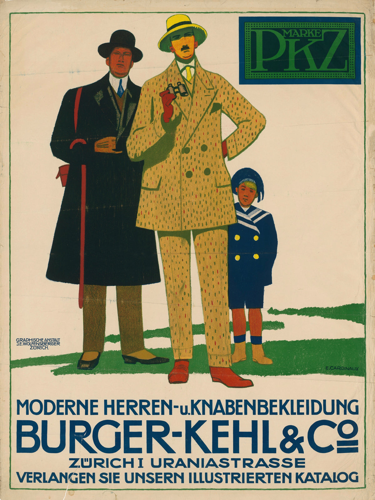 Burger-Kehl & Co: Moderne Herren- und Knabenbekleidung by Emil Cardinaux — Two men and a boy in a sailor suit stand on a green hill