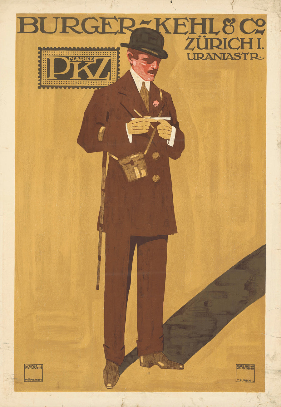 Ludwig Hohlwein — Burger-Kehl & Co, Zürich: Marke PKZ | Vintage Poster Print shown to scale on a wall above a sofa