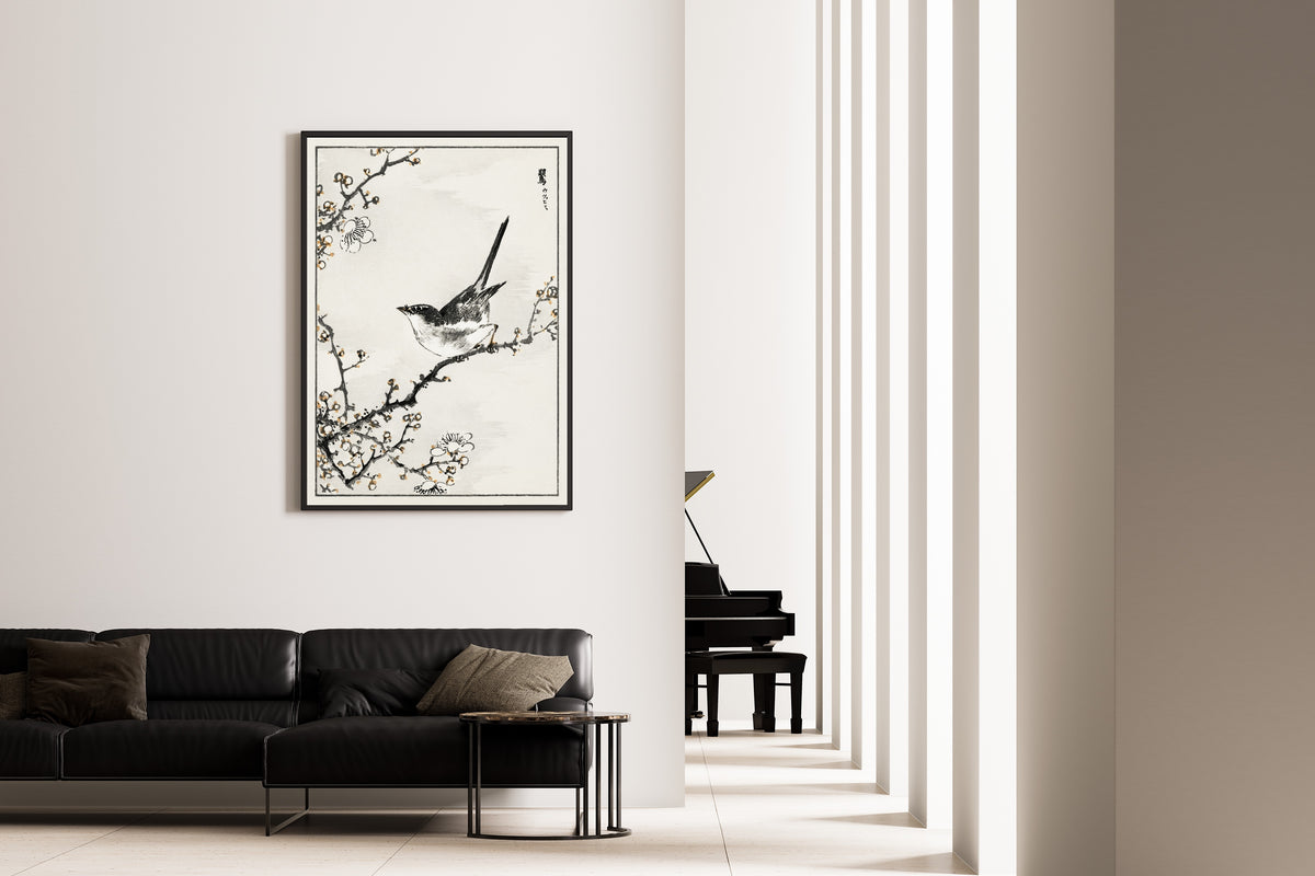 Numata Kashū — Bush-warbler and White Plum Tree | Japanese Bird & Flower Woodblock Print