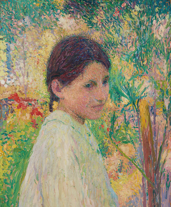 Henri Martin — Buste de jeune fille de trois quart sur fond de jardin | Pointillist Portrait Print