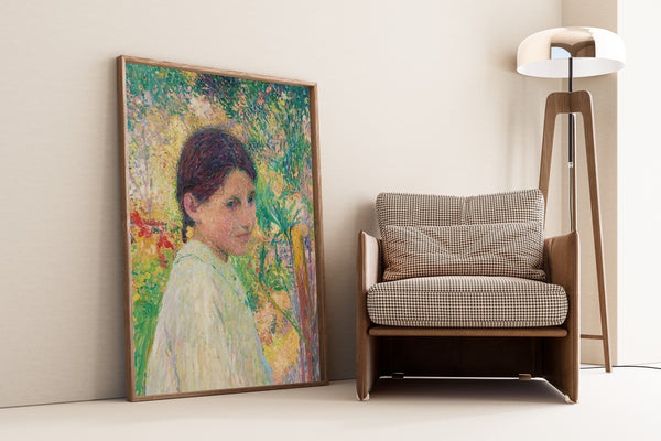Henri Martin — Buste de jeune fille de trois quart sur fond de jardin | Pointillist Portrait Print
