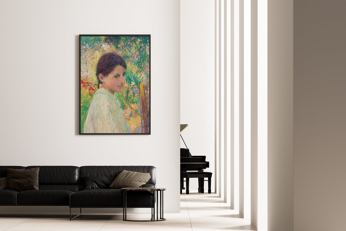 Henri Martin — Buste de jeune fille de trois quart sur fond de jardin | Pointillist Portrait Print