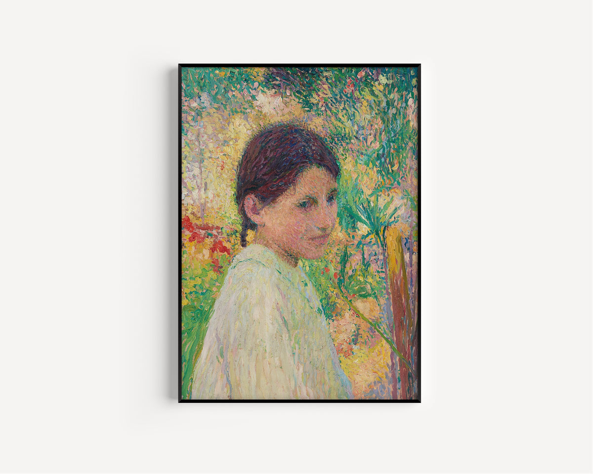 Henri Martin — Buste de jeune fille de trois quart sur fond de jardin | Pointillist Portrait Print