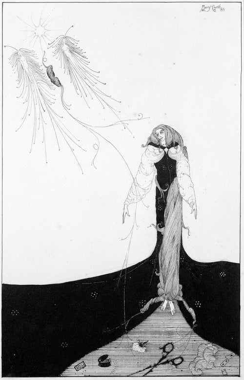 But Trust the Muse, She Saw it Upward Rise by Harry Clarke — A long-haired woman bound in her own hair beneath drifting spirits