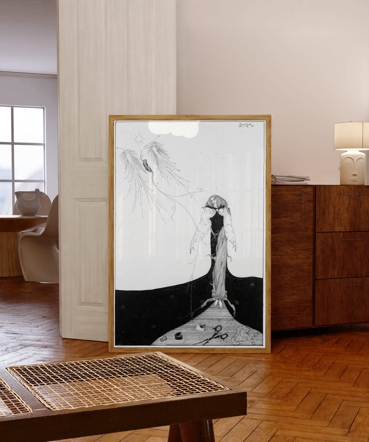Framed art print of But Trust the Muse, She Saw it Upward Rise by Harry Clarke, in a light wood frame leaning in a warm room with a parquet floor