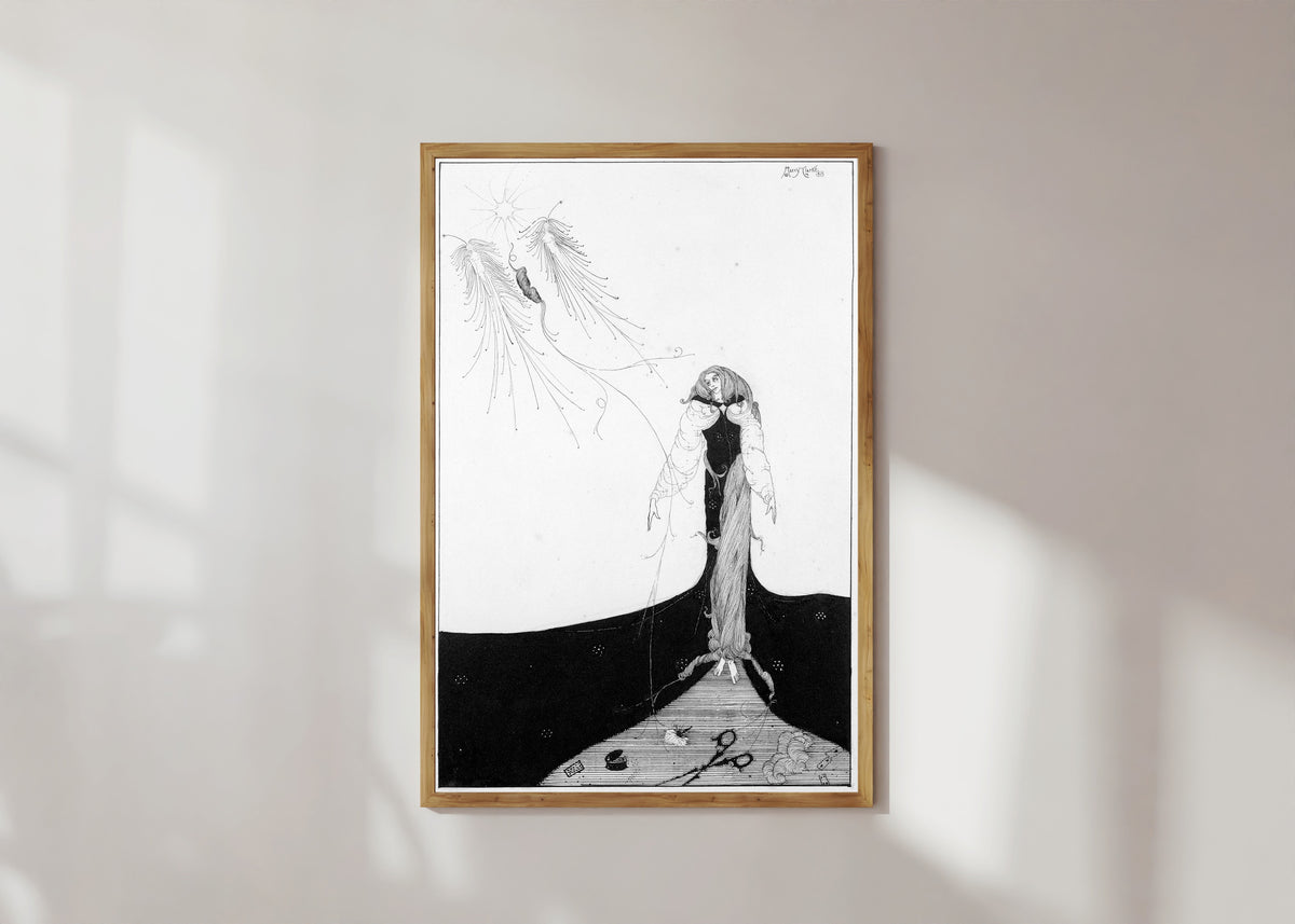 Framed art print of But Trust the Muse, She Saw it Upward Rise by Harry Clarke, in a light wood frame on a sunlit white wall