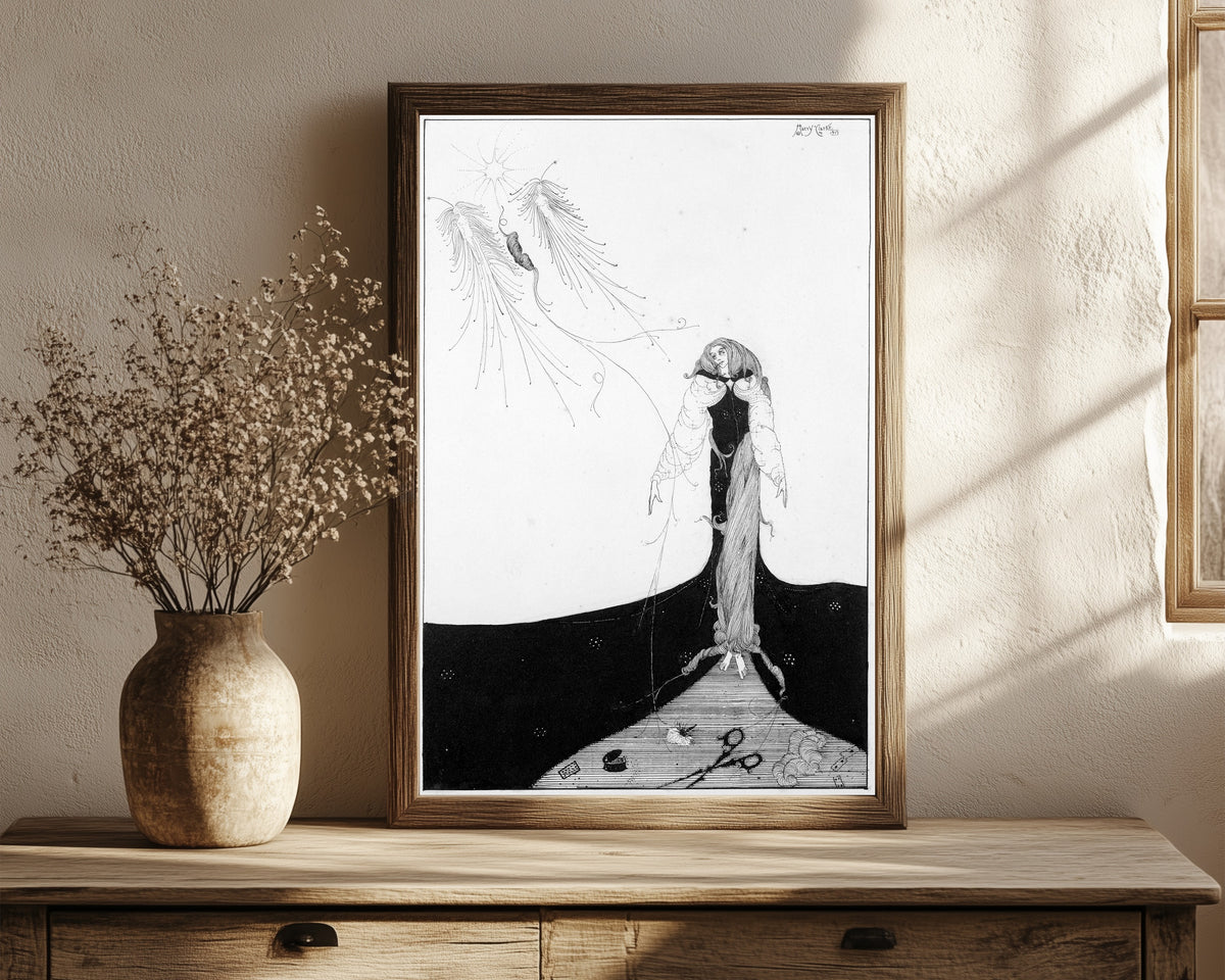 Framed art print of But Trust the Muse, She Saw it Upward Rise by Harry Clarke, in a dark wood frame leaning on a rustic console beside dried flowers