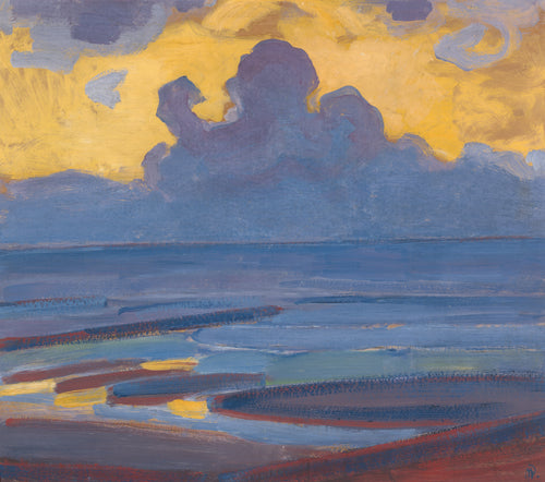 By the Sea by Piet Mondrian — Violet clouds pile up over a banded sea under a yellow sky
