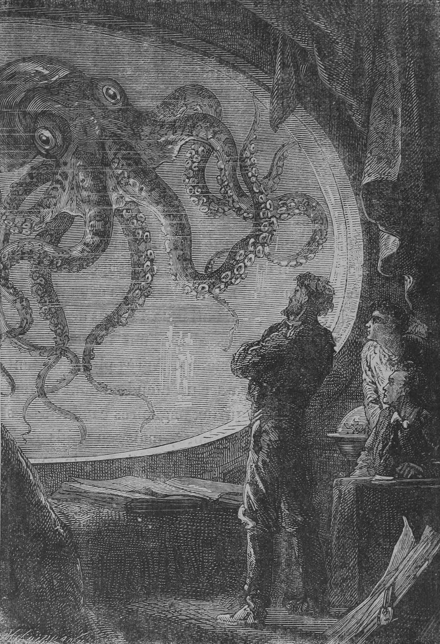 Alphonse de Neuville — C'était un calmar de dimensions colossales (It was a squid of colossal size) | Vintage Illustration Print shown to scale on a wall above a sofa