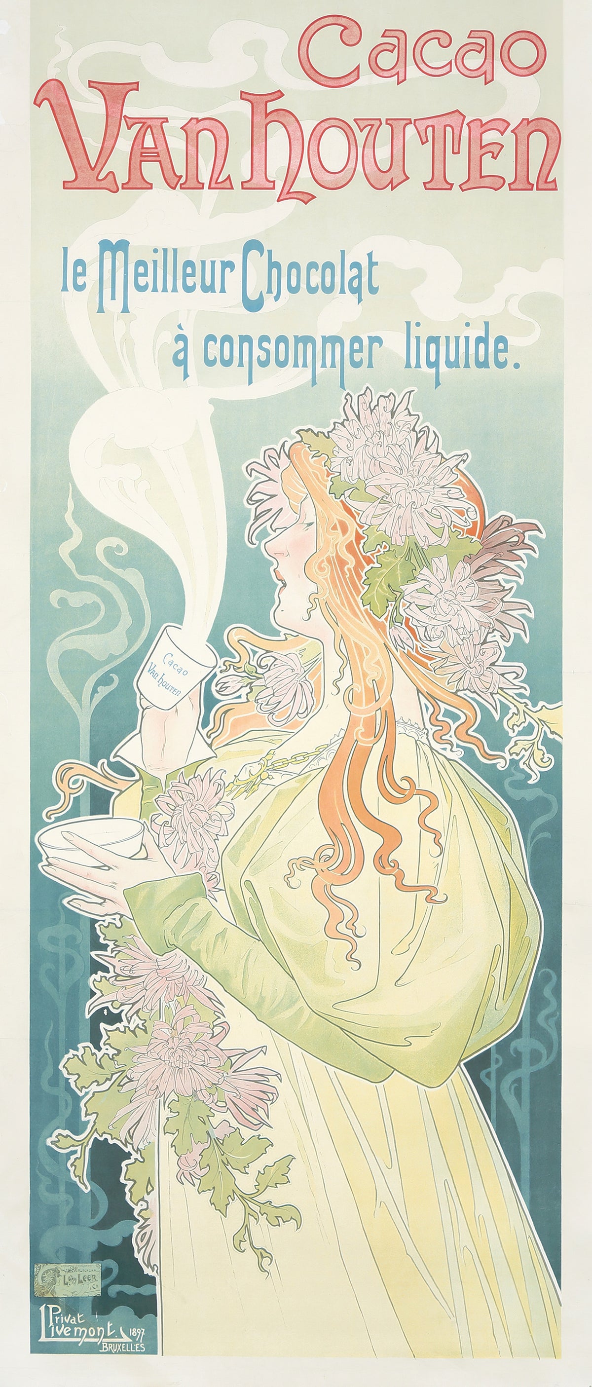 Cacao Van Houten by Henri Privat-Livemont — A red-haired woman in chrysanthemums raises a steaming cup