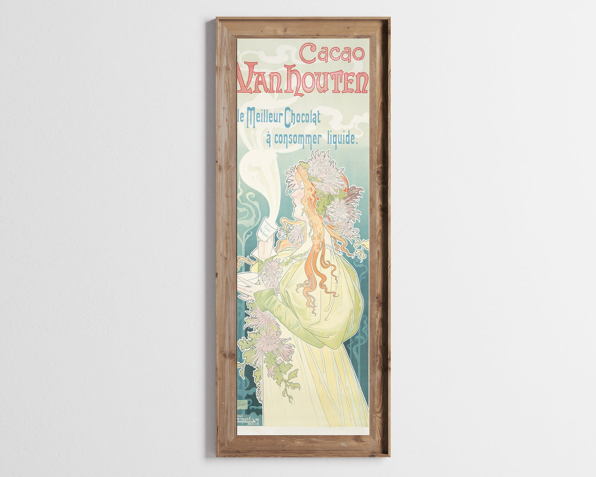 Framed art print of Cacao Van Houten by Henri Privat-Livemont, in a tall wooden frame on a pale wall