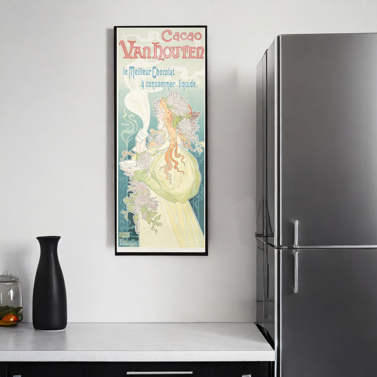 Framed art print of Cacao Van Houten by Henri Privat-Livemont, on a kitchen wall