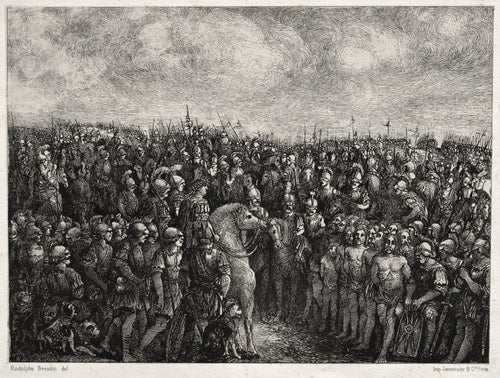 Caesar and his Prisoners by Rodolphe Bresdin — A mounted commander halts before a line of captives in a vast army