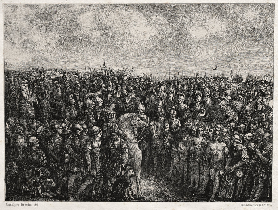 Rodolphe Bresdin — Caesar and his Prisoners | Lithograph Print shown to scale on a wall above a sofa