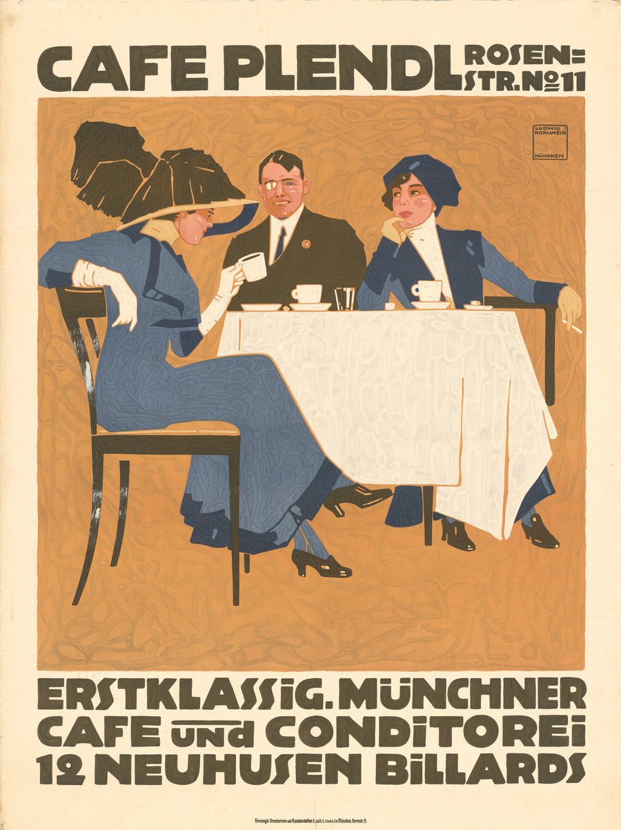 Ludwig Hohlwein — Café Plendl: Münchner Café und Konditorei | Vintage Poster Print shown to scale on a wall above a sofa