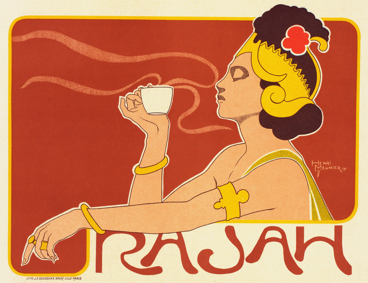 Café Rajah by Henri Meunier — A woman in a gold headdress breathes in the steam of her cup