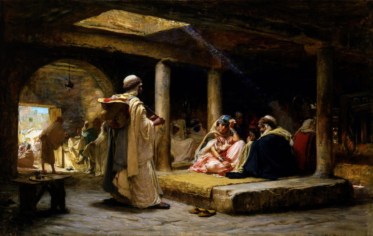 Cafe at Biskra, Algeria by Frederick Arthur Bridgman — A man plays a flute in a dim café as light falls from above