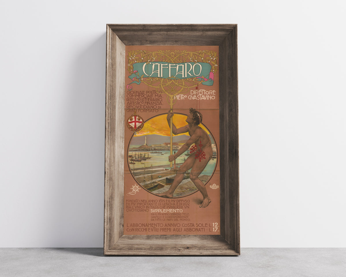 Framed art print of Caffaro: Giornale Politico, Commerciale, Marittimo… by Giovanni Maria Mataloni, in a wide wooden frame leaning against a concrete wall