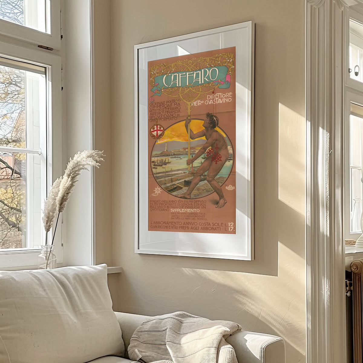 Framed art print of Caffaro: Giornale Politico, Commerciale, Marittimo, Letterario by Giovanni Maria Mataloni, in a sunlit living room above a sofa