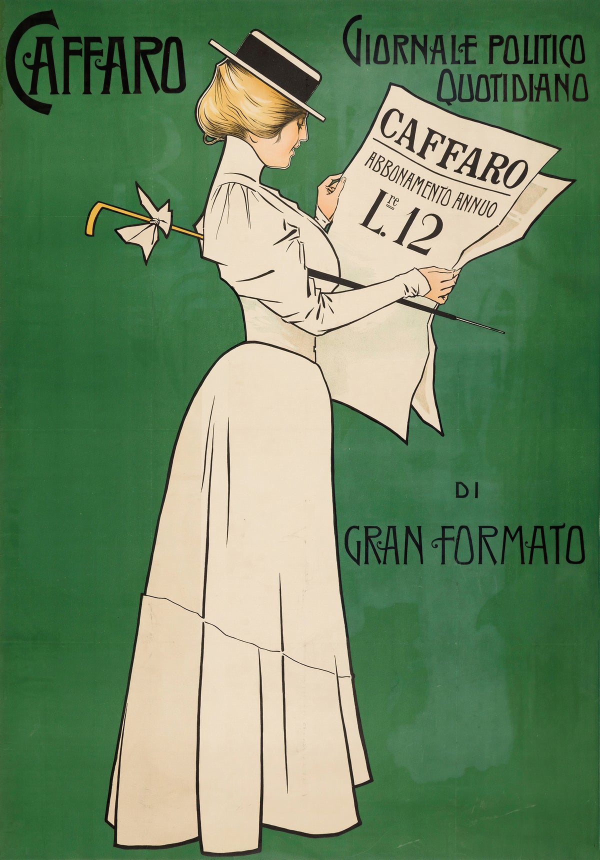 Caffaro: Giornale Politico Quotidiano di Gran Formato by Aleardo Villa — A woman in a cream dress reads a broadsheet against a green ground