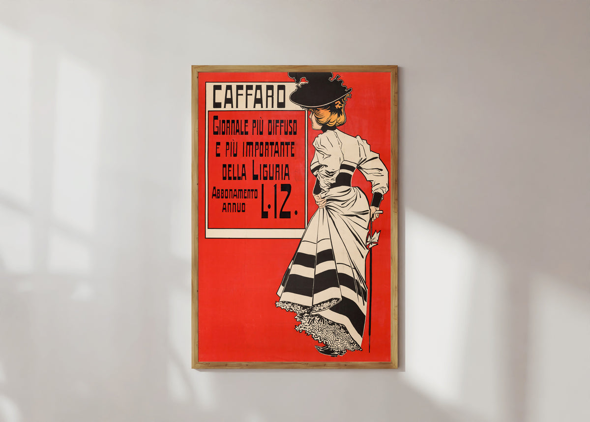 Framed art print of Caffaro: Giornale più Diffuso e più Importante della Liguria by Aleardo Villa, in a light wood frame on a sunlit white wall