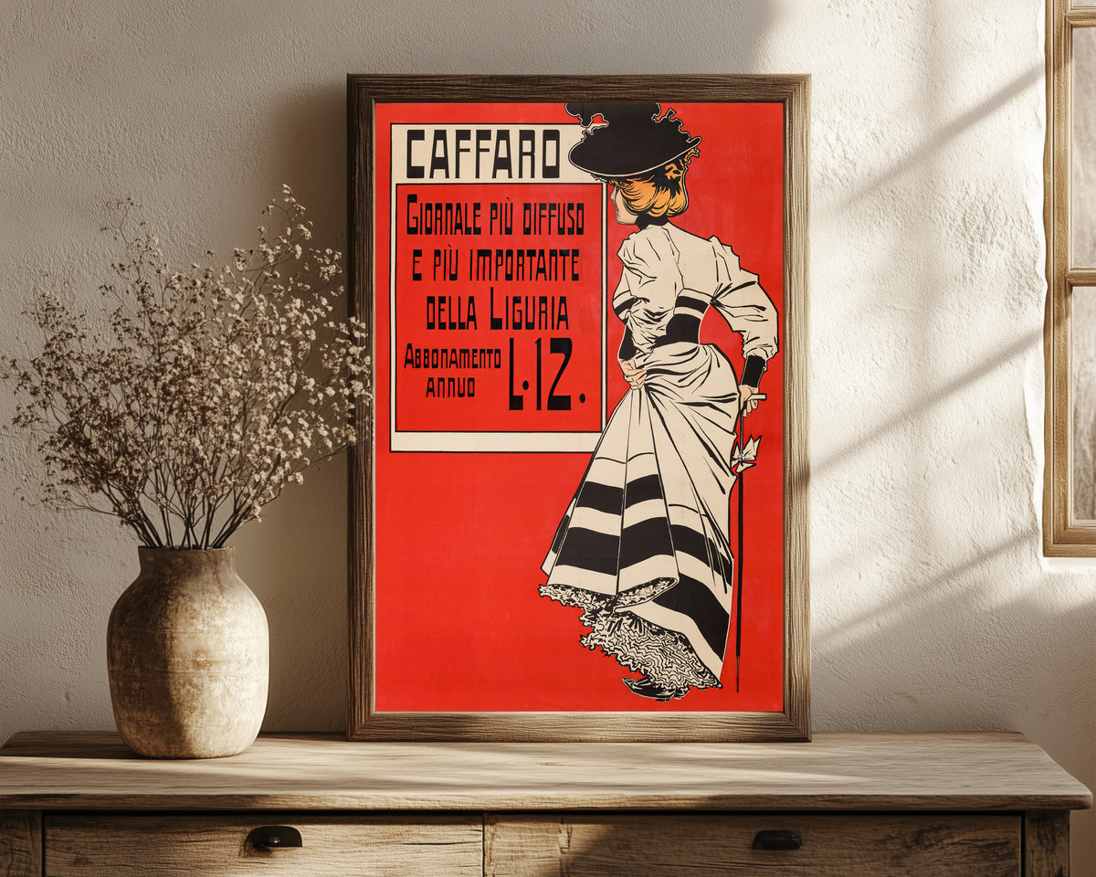 Framed art print of Caffaro: Giornale più Diffuso e più Importante… by Aleardo Villa, in a dark wood frame leaning on a rustic console beside dried flowers