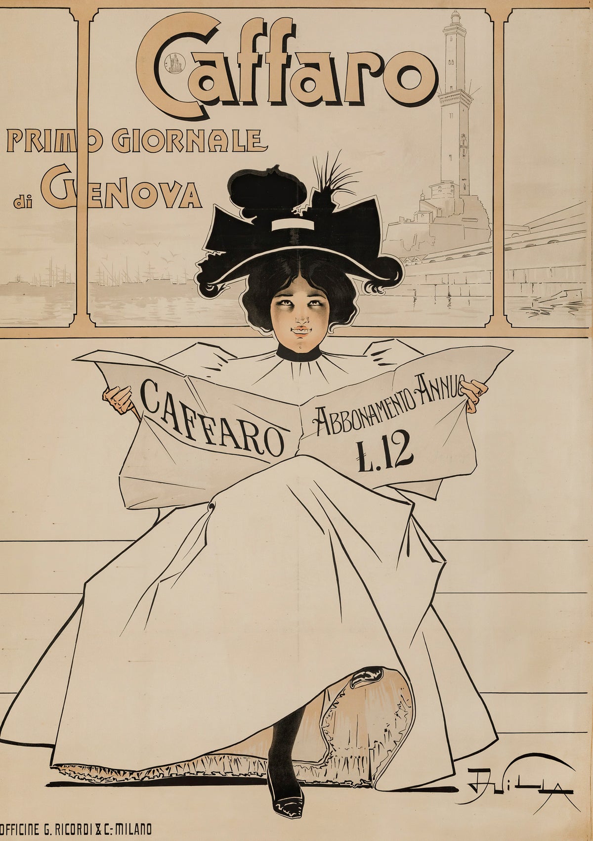 Caffaro: Primo Giornale di Genova by Aleardo Villa — A woman in an enormous black hat hides behind her newspaper