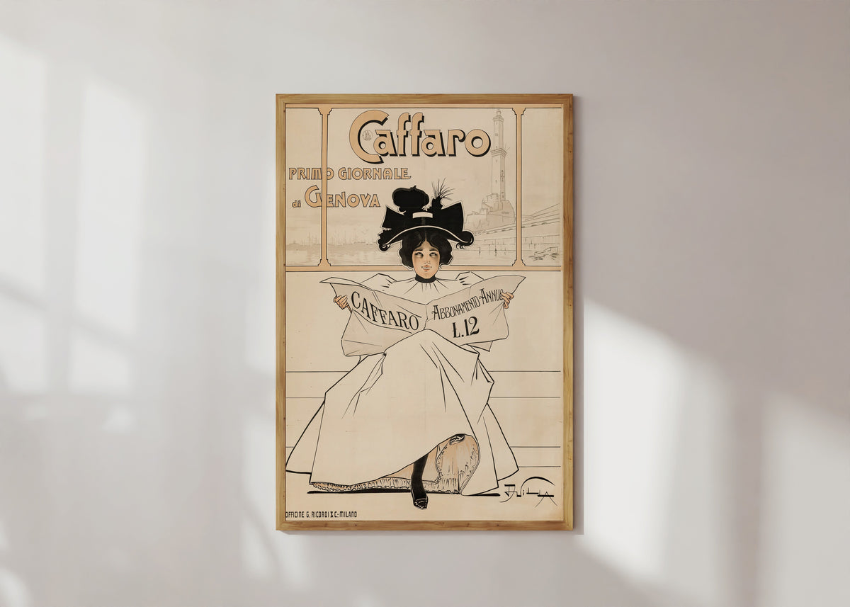 Framed art print of Caffaro: Primo Giornale di Genova by Aleardo Villa, in a light wood frame on a sunlit white wall
