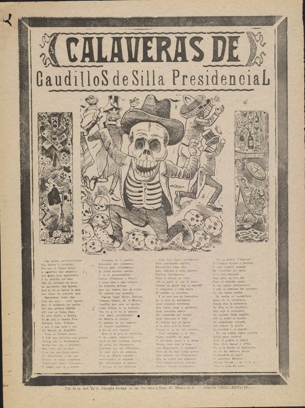 José Guadalupe Posada — Calaveras de caudillos de silla presidencial | Relief Print
