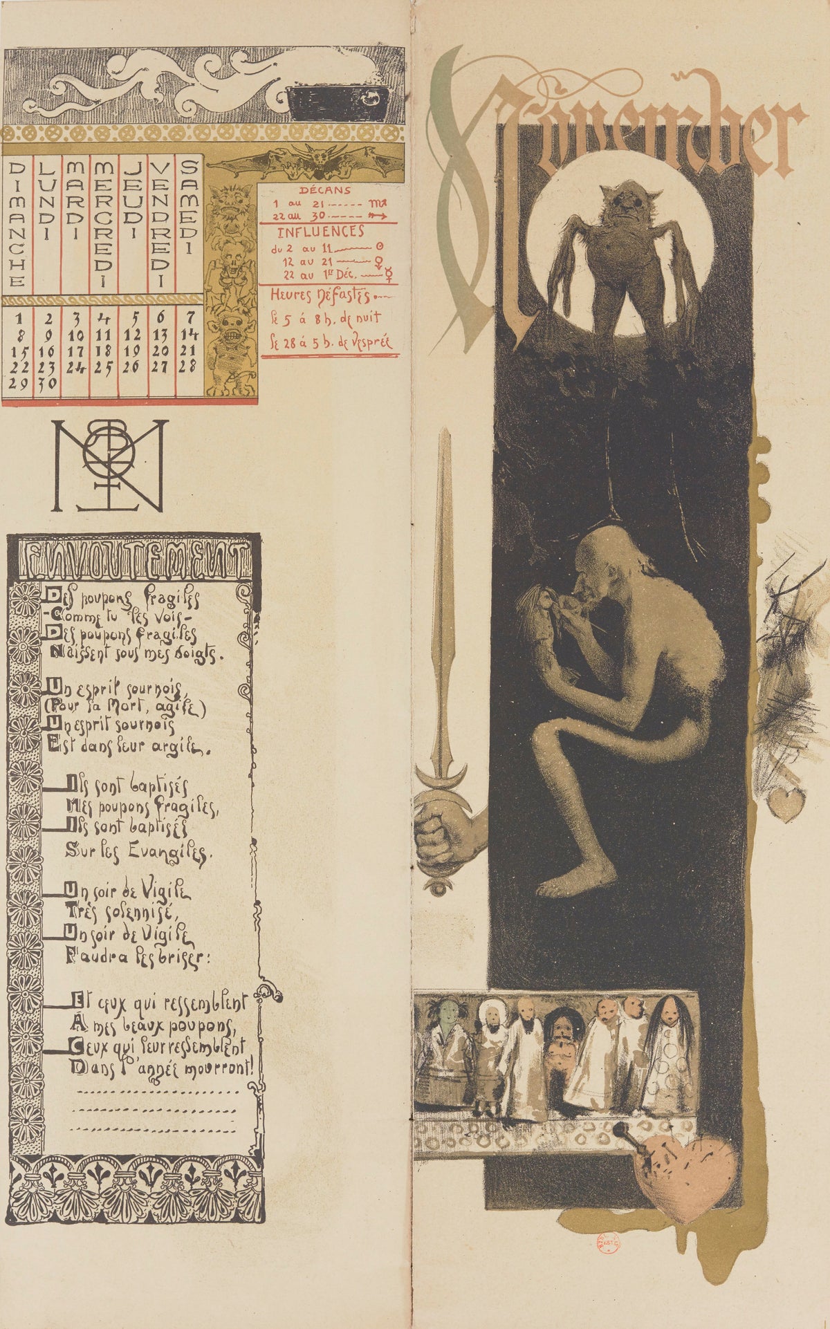 Calendrier magique: Envoûtement (November) by Manuel Orazi — A goblin in a pale disc looms over a man shaping dolls beside a sword