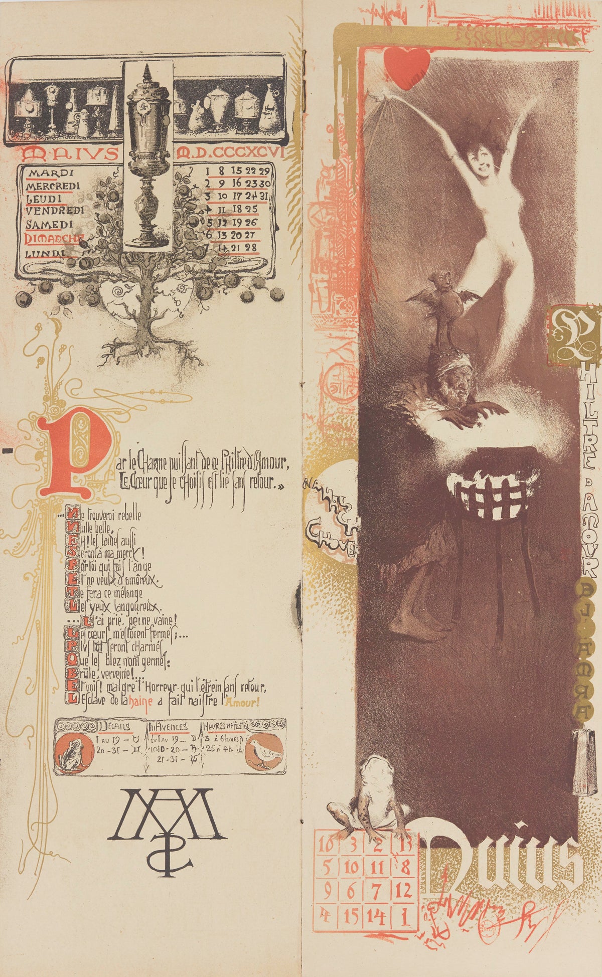 Calendrier magique: Philtre d'amour (May) by Manuel Orazi — A woman rises from a witch's cauldron beneath a red heart