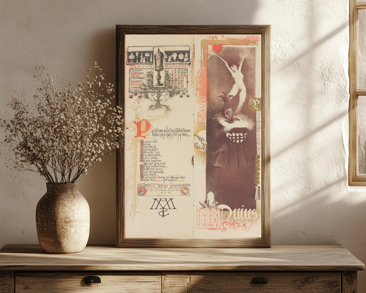 Framed art print of Calendrier magique: Philtre d'amour (May) by Manuel Orazi, in a dark wood frame leaning on a rustic console beside dried flowers