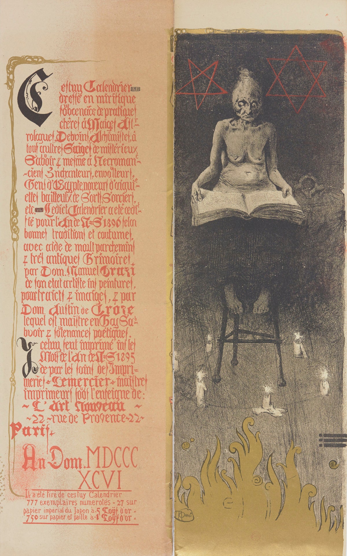 Calendrier magique, Plate 2 by Manuel Orazi — A gaunt witch reads her grimoire between a pentagram and hexagram