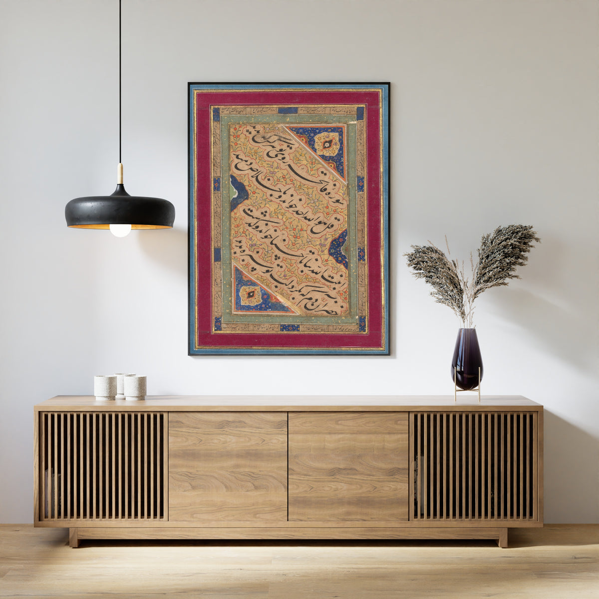 Framed art print of Calligraphy of Lyrical Quatrains, above a slatted wood sideboard